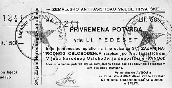 Obveznica zajma narodnog oslobođenja koji je NOO Splita raspisao koncem 1942.